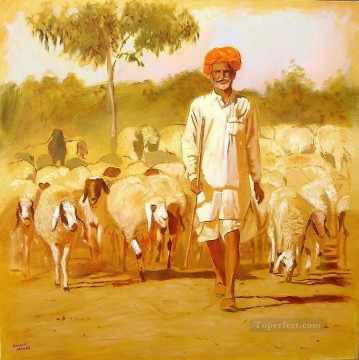 動物 Painting - インドのラジャスタン州の羊飼い ラメシュ・ジャワル
